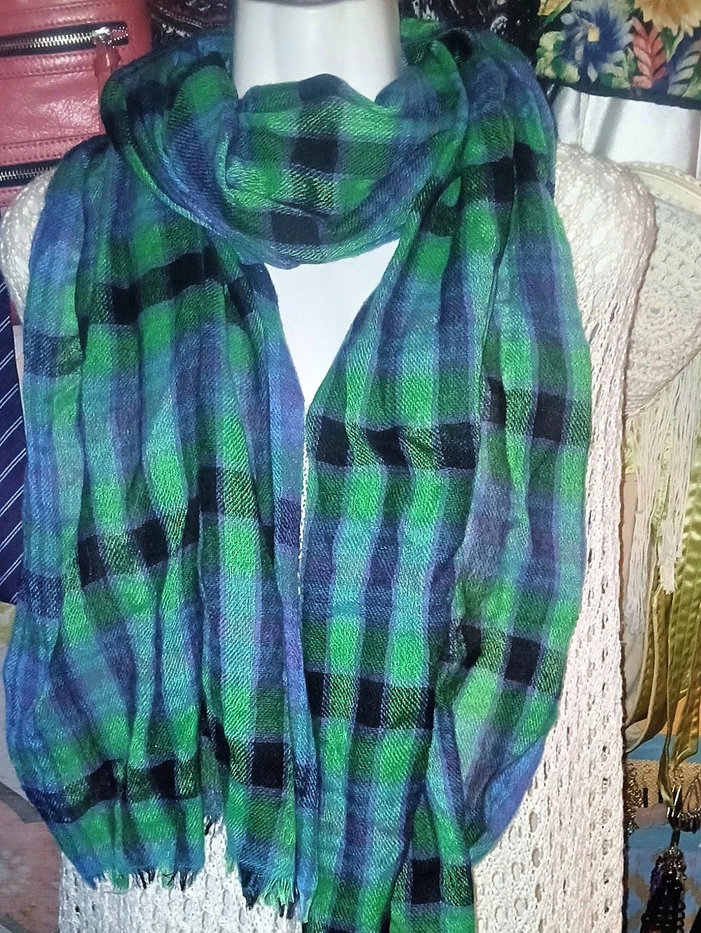 Plaid Scarf in Lime Green, Purple, Black & Blue